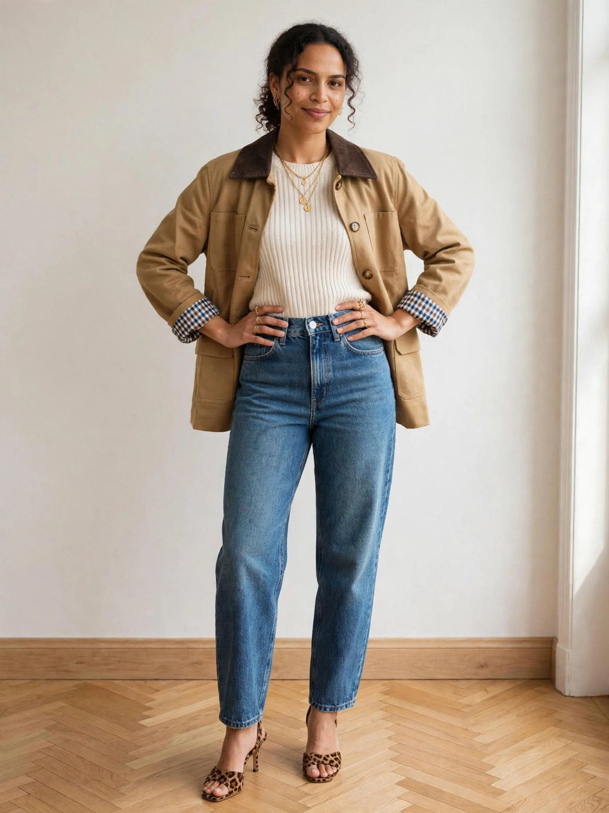 veste barn jacket beige femme look complet jean brut mules léopard esma shop