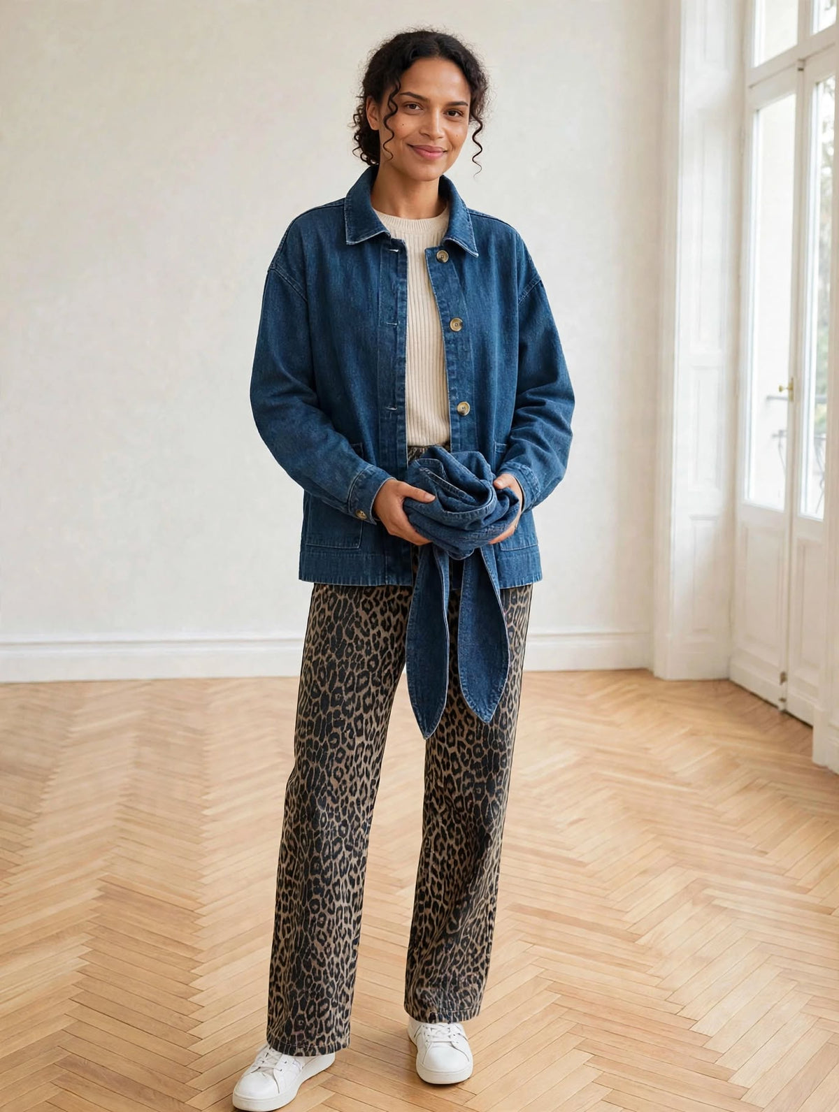  veste chloe denim portee avec pantalon leopard 
