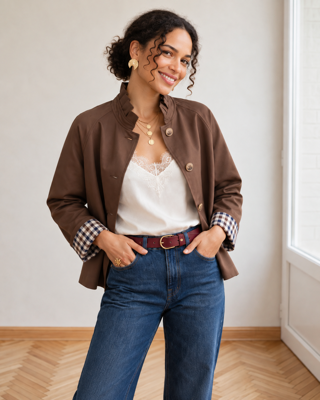  veste courte femme marron chocolat col volante vue face  esma shop