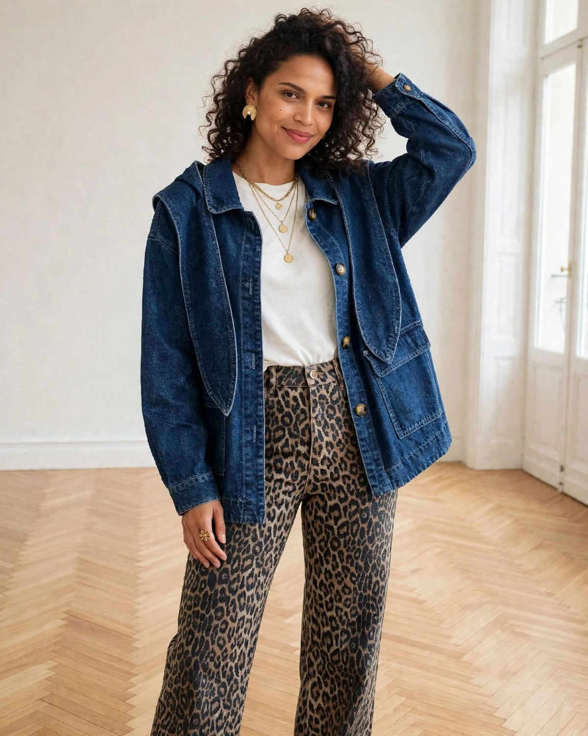  veste en jean femme oversize capuche nouee bleu brut vue face 