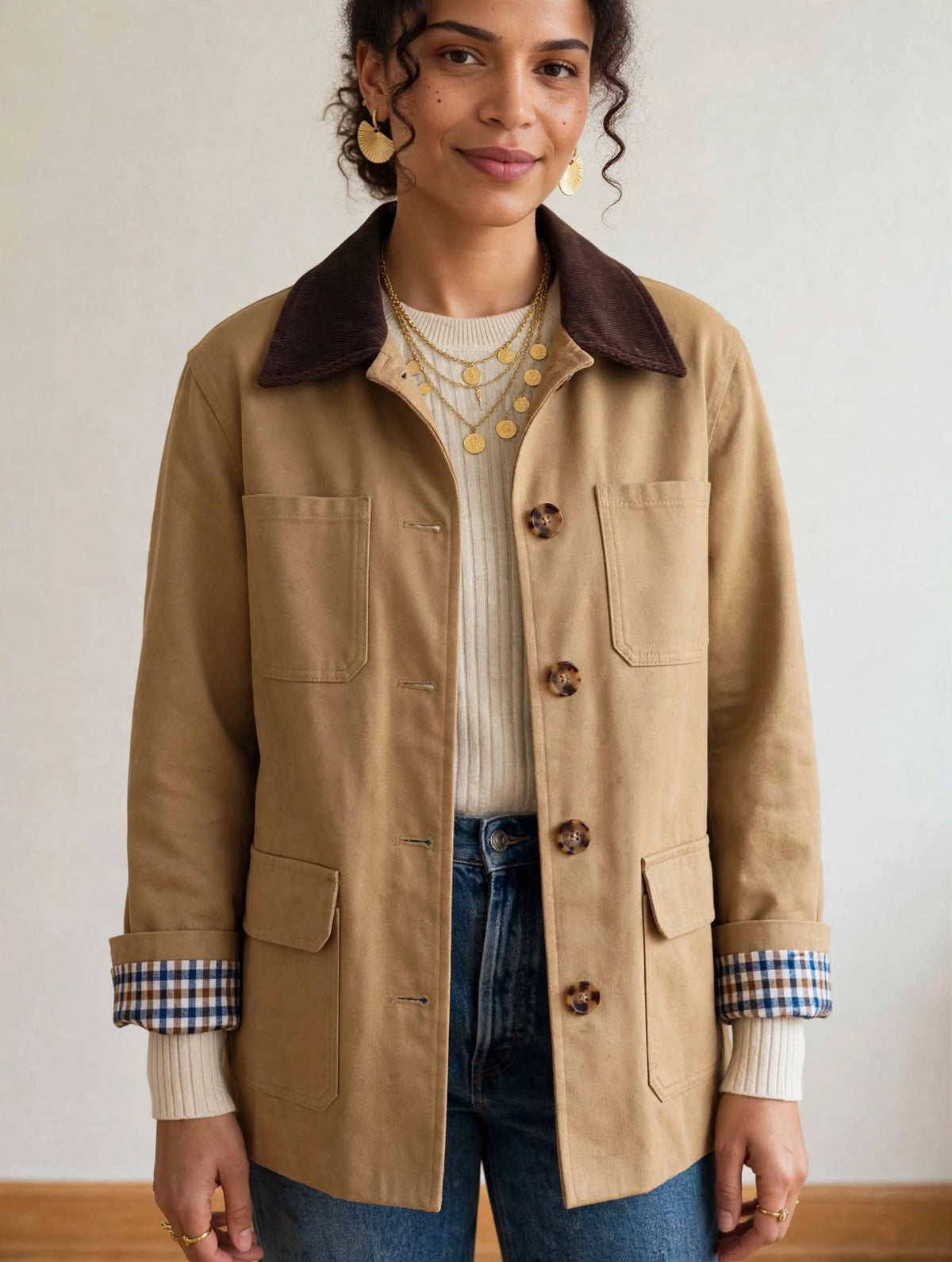  veste workwear femme beige sable col velours marron vue face esmashop