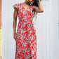 robe florale rouge et blanche, robe été fendue, robe à fleurs élégante, robe imprimée femme, robe sexy chic, robe fente jambe